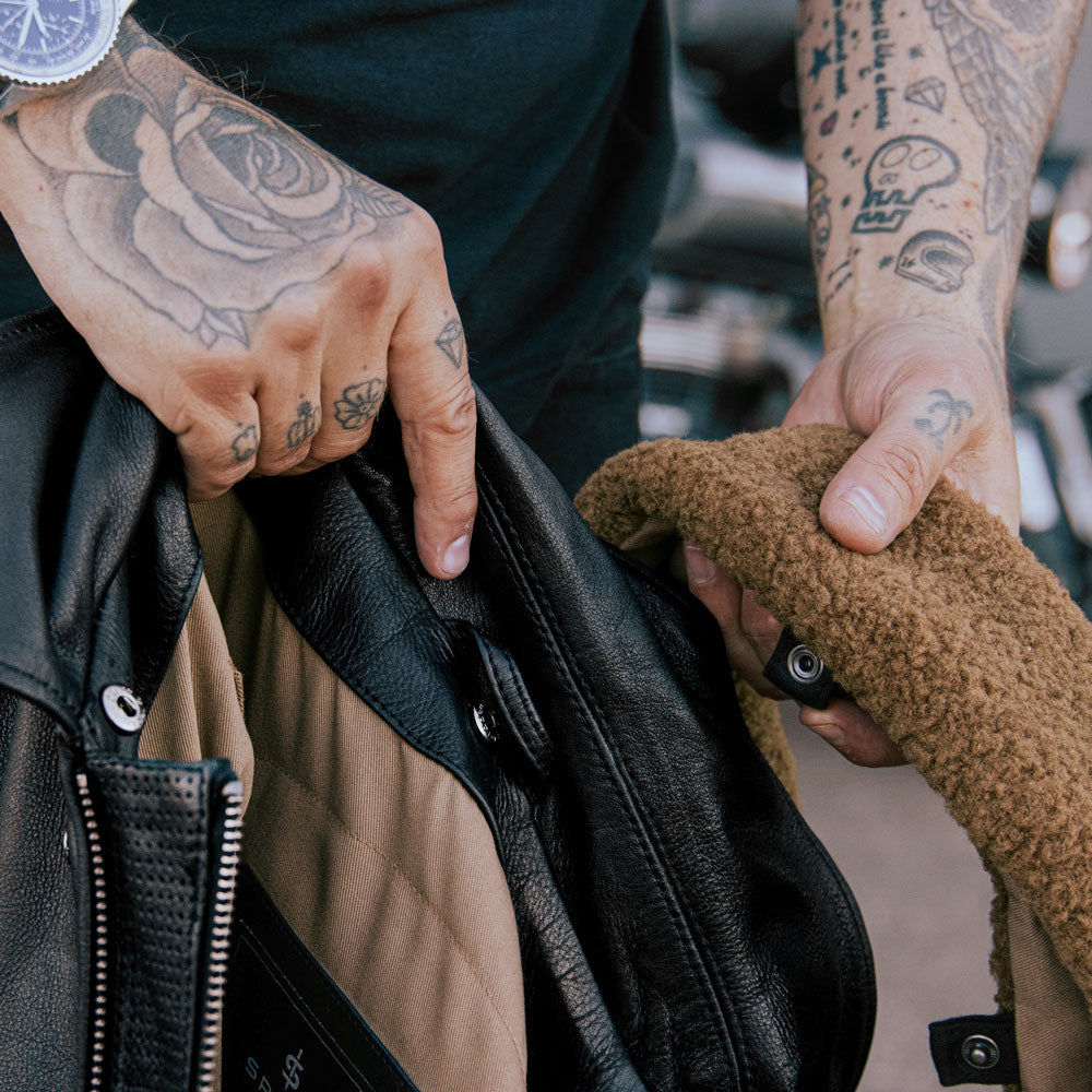 Detail of detachable faux fur collar on Turbine motorcycle jacket – customisable look and weather flexibility
