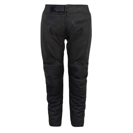 A pair of black motorcycle jeans with CE knee and hip armor, designed for a 'road fit' construction.