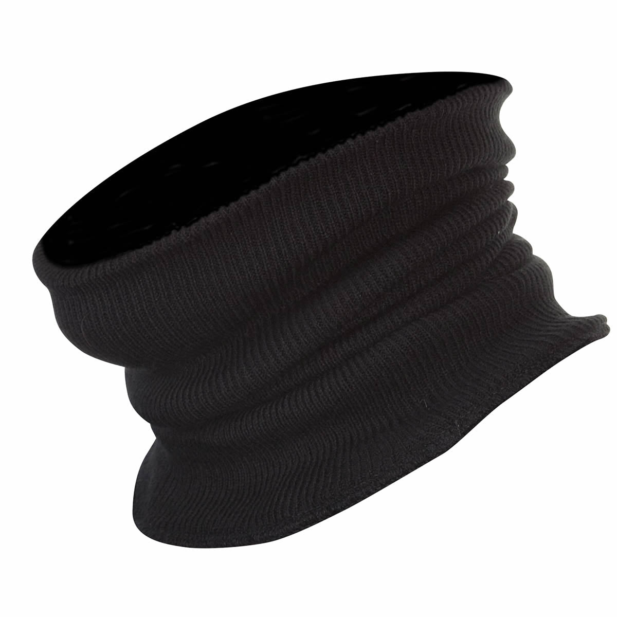 A black fleece neckwarmer, designed to be worn over the neck.