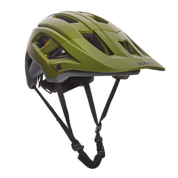olive green mountain biking helmet with black straps