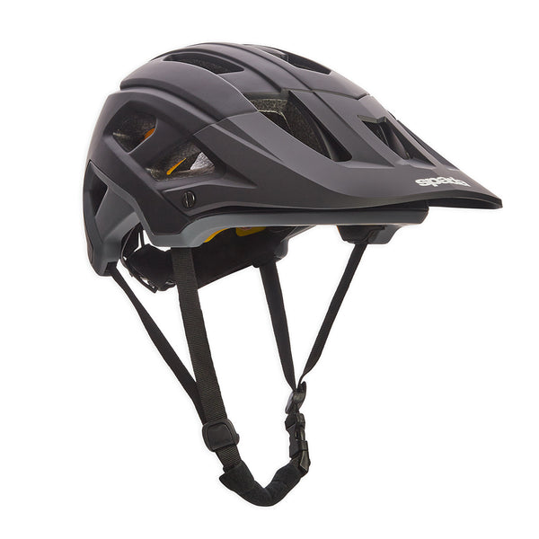 black mountain biking helmet with black peak