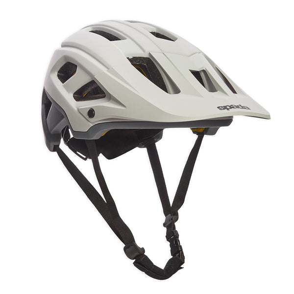 white mtb helmet with black accents and white peak
