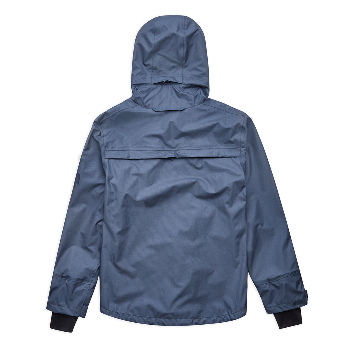 back of blue hooded waterproof jacket
