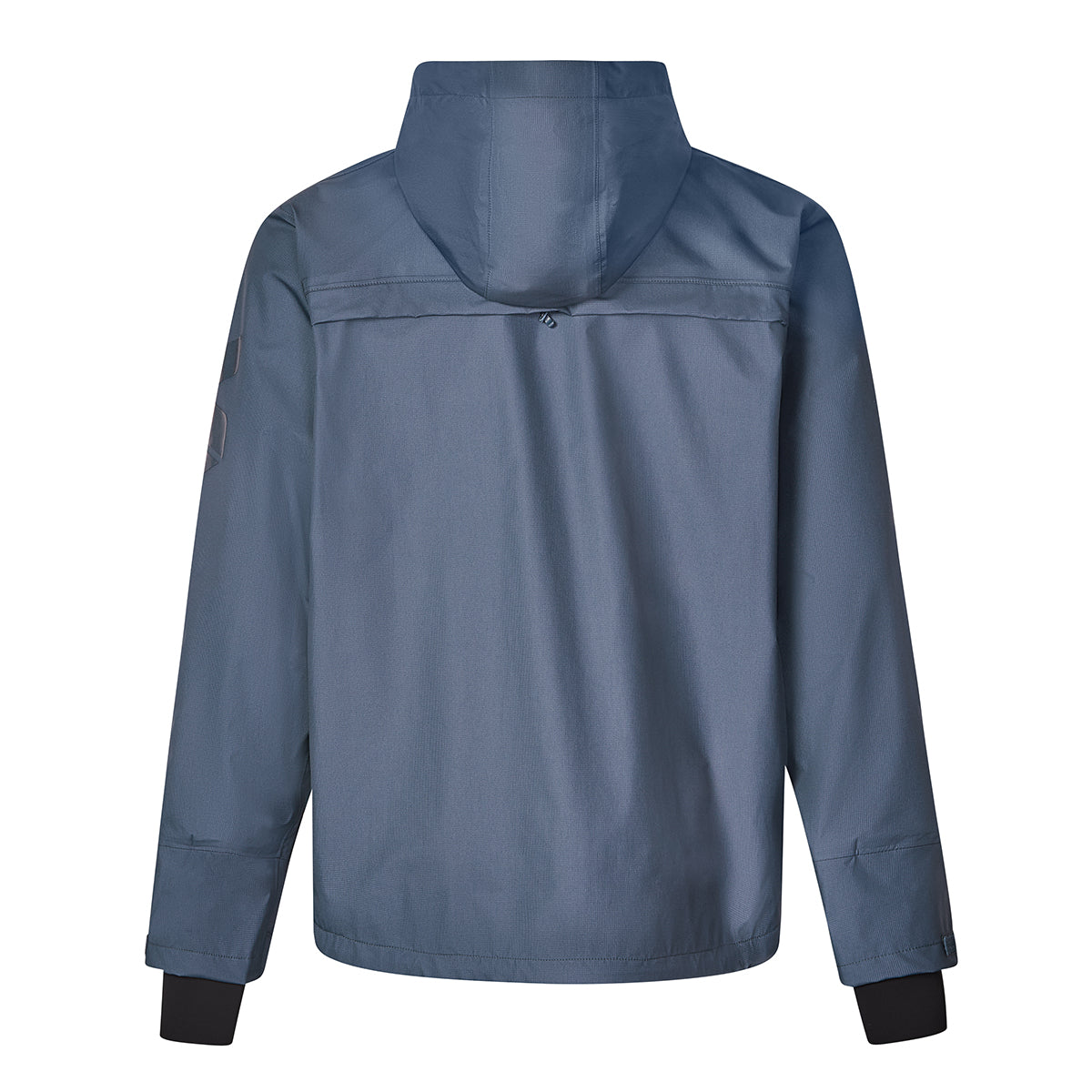 back of dark blue hooded waterproof jacket for men