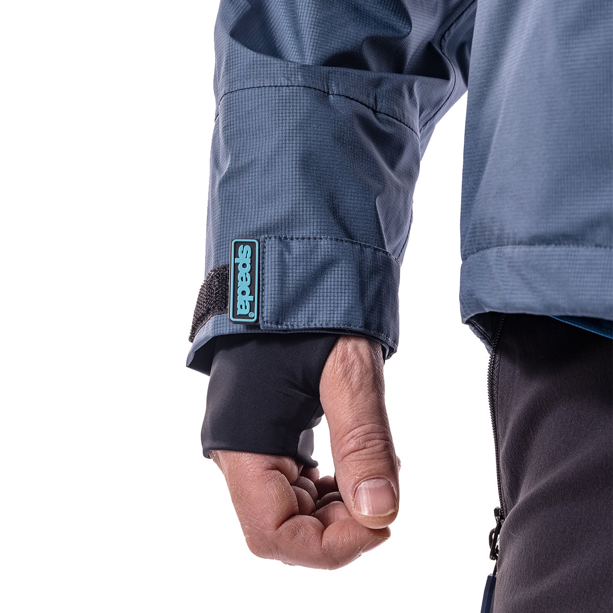 closeup of branded cuffs with thumb holes