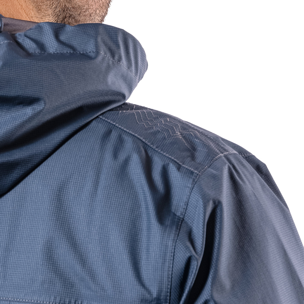 closeup of back shoulder details on jacket for men