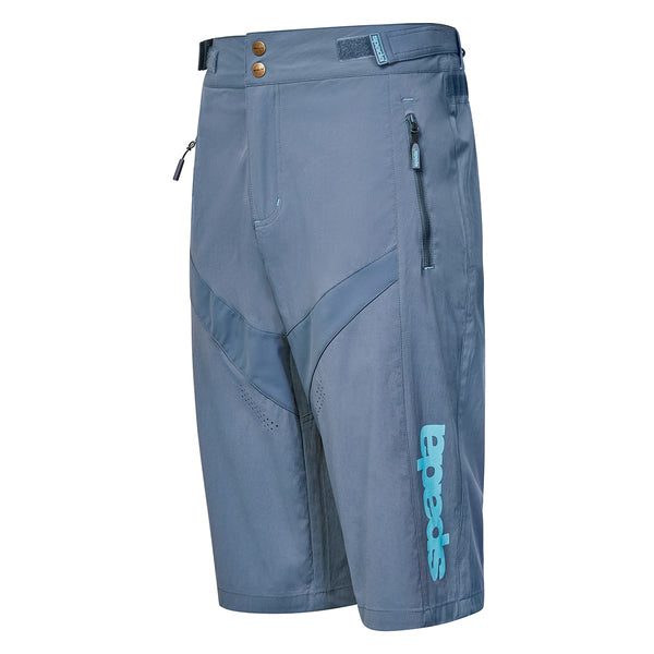 side view of blue biking shorts