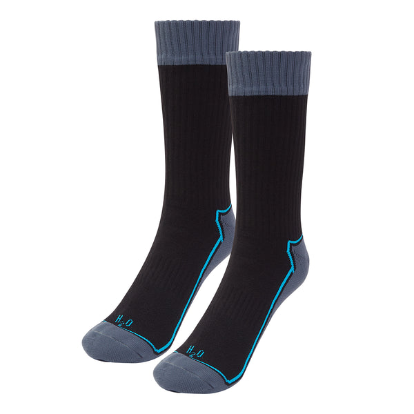 pair of black and grey mtb socks for men with blue details
