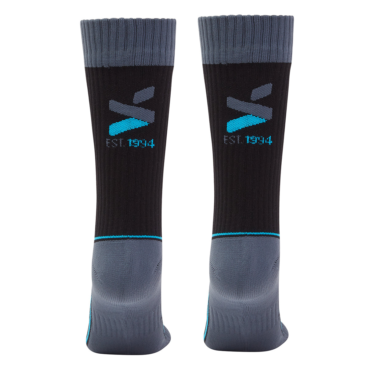 back of a pair of black and grey with blue detailing socks