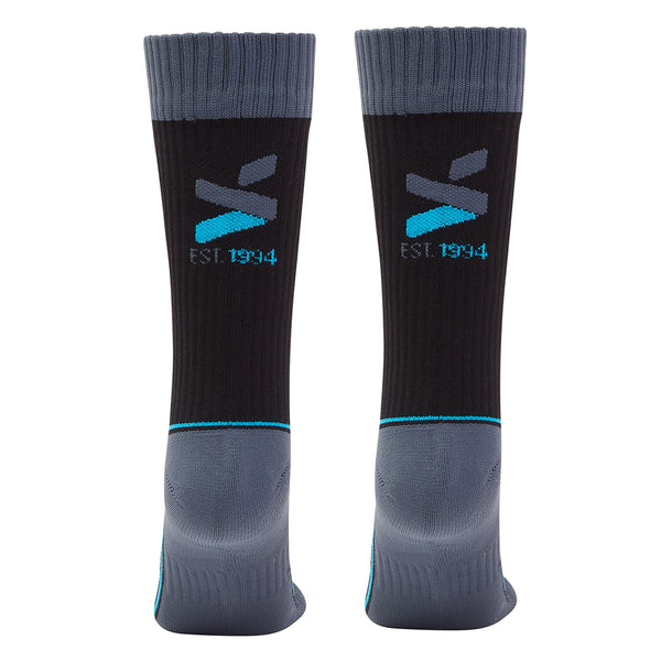 back of a pair of black and grey with blue detailing socks