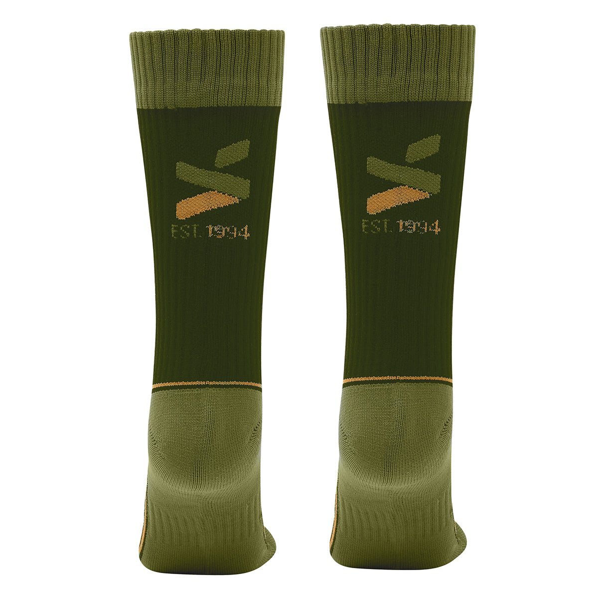 back of a pair of two tone green mtb socks for men