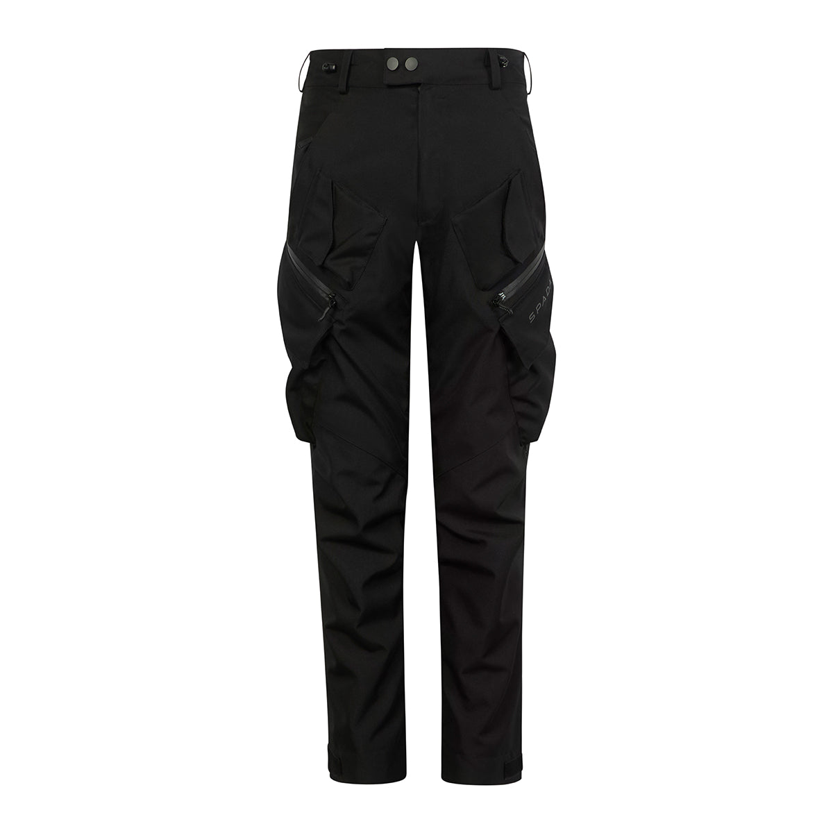 A pair of black Nodachi motorcycle trousers with protective armour, featuring multiple pockets, zip fasteners, and an adjustable waistband with a bungee cord and belt loops.