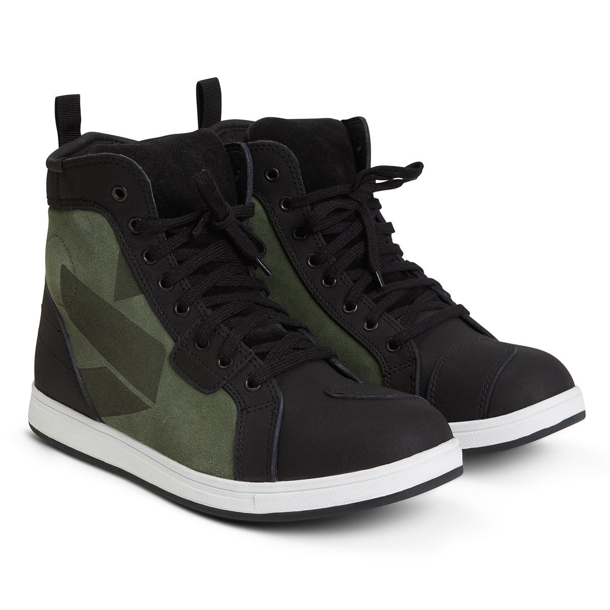 A pair of high-top motorcycle training shoes with a black and olive green color scheme, featuring suede and leather materials, reinforced toe and heel, and a waterproof membrane.