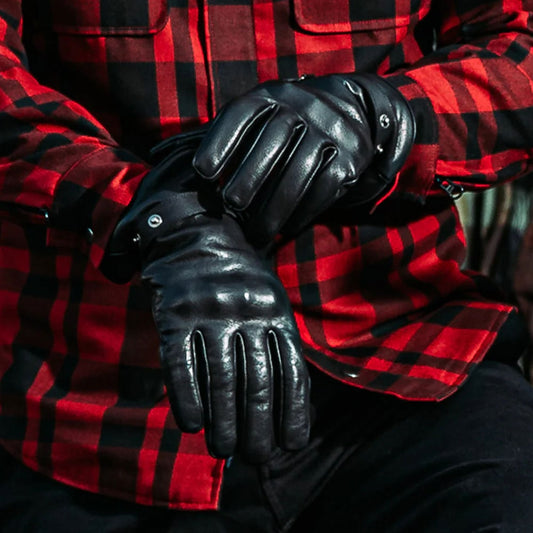 chequered red and black motorcycle shirt and black leather gauntlet gloves