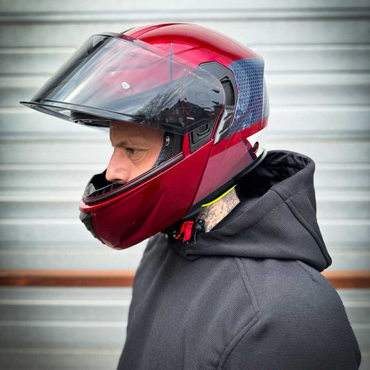 replacing your helmet blog post featuring red and blue flip up motorcycle helmet by spada