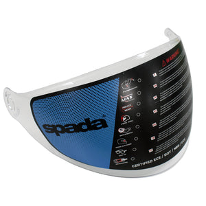 A black, white, and blue motorcycle helmet visor with text detailing the brand and certification information.
