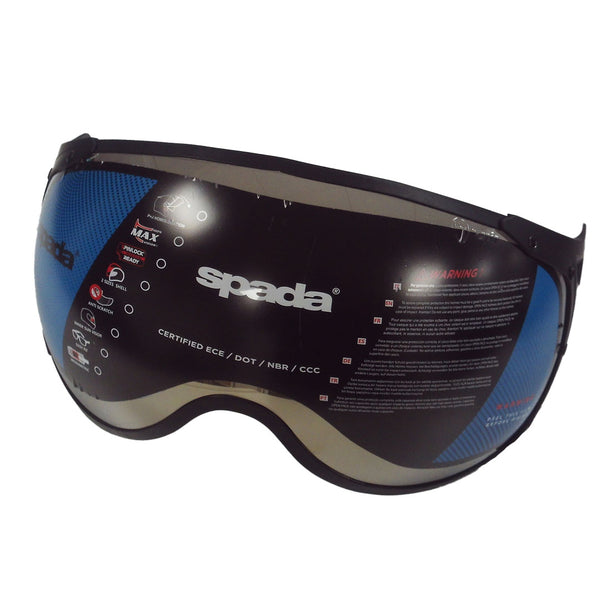 A black motorcycle goggle visor with blue accents and the brand name 'Spada' visible.
