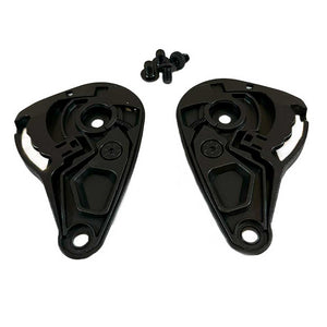 Two black plastic parts with screws on a white background