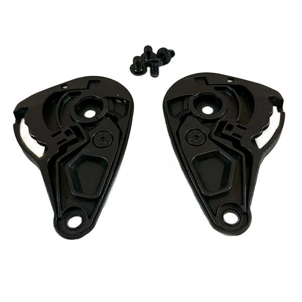 Two black plastic parts with screws on a white background