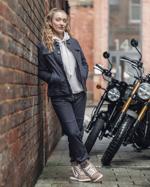 Tura Trucker Rinse Indigo Ladies Motorcycle Denim Jacket - Grace Webb Edit