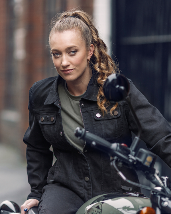 Tura Trucker Solid Black Ladies Motorcycle Denim Jacket - Grace Webb Edit