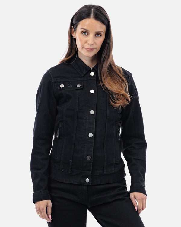 Tura Trucker Solid Black Ladies Motorcycle Denim Jacket