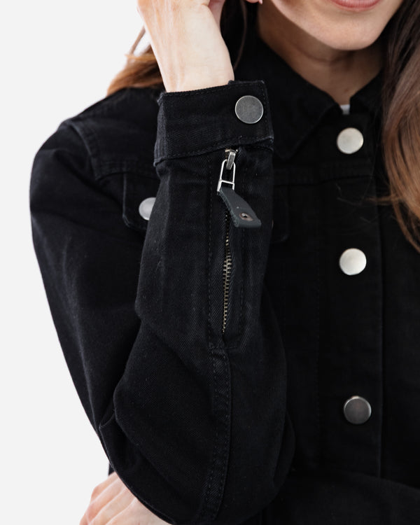 Tura Trucker Solid Black Ladies Motorcycle Denim Jacket