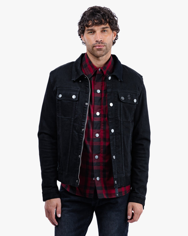 Tura Trucker Mens Solid Black Motorcycle Denim Jacket