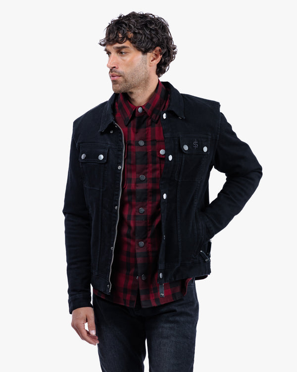 Tura Trucker Mens Solid Black Motorcycle Denim Jacket