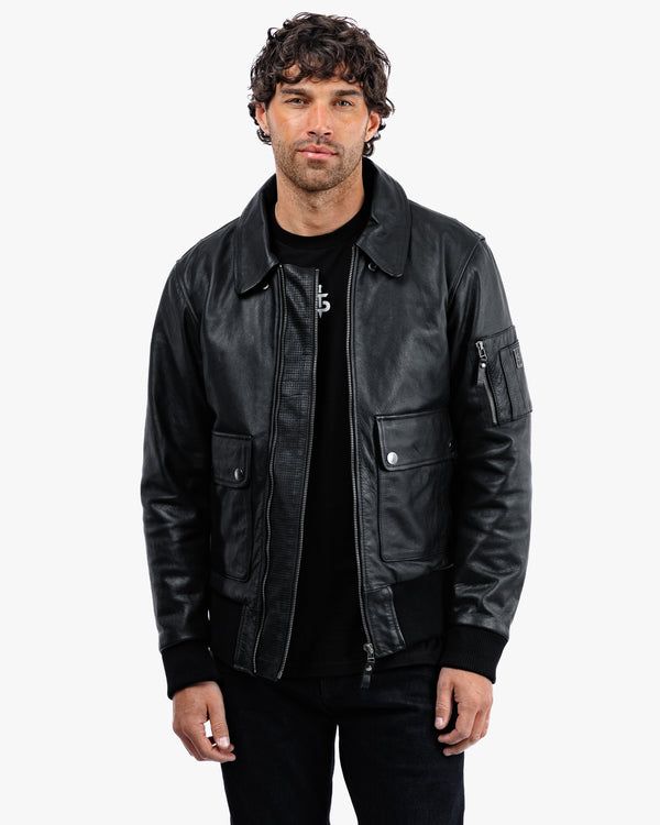 Turbine Black Leather Motorcycle Bomber Jacket