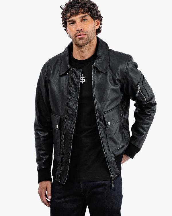 Turbine Black Leather Motorcycle Bomber Jacket