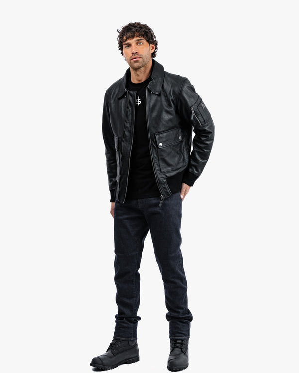 Turbine Black Leather Motorcycle Bomber Jacket