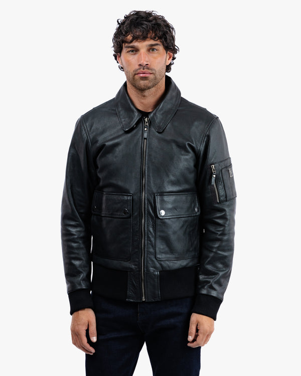Turbine Black Leather Motorcycle Bomber Jacket