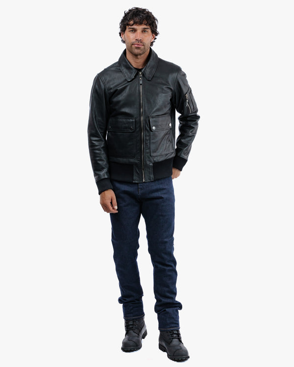 Turbine Black Leather Motorcycle Bomber Jacket