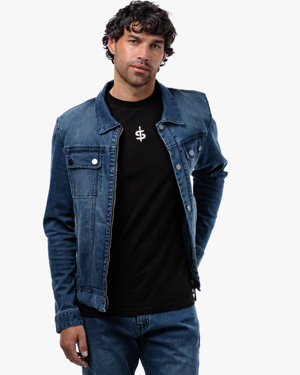 Tura Trucker Mens Washed Blue Motorcycle Denim Jacket