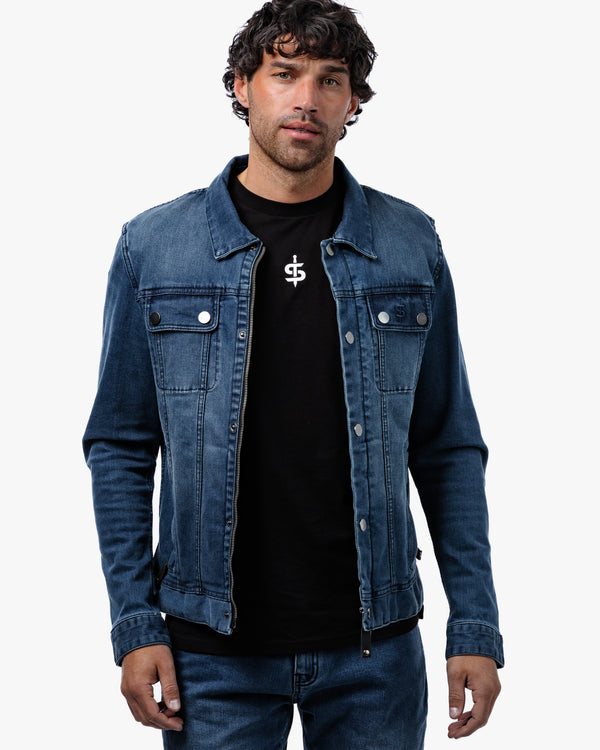 Tura Trucker Mens Washed Blue Motorcycle Denim Jacket