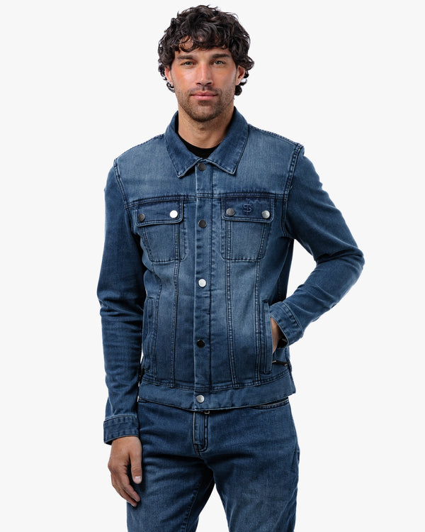 Tura Trucker Mens Washed Blue Motorcycle Denim Jacket