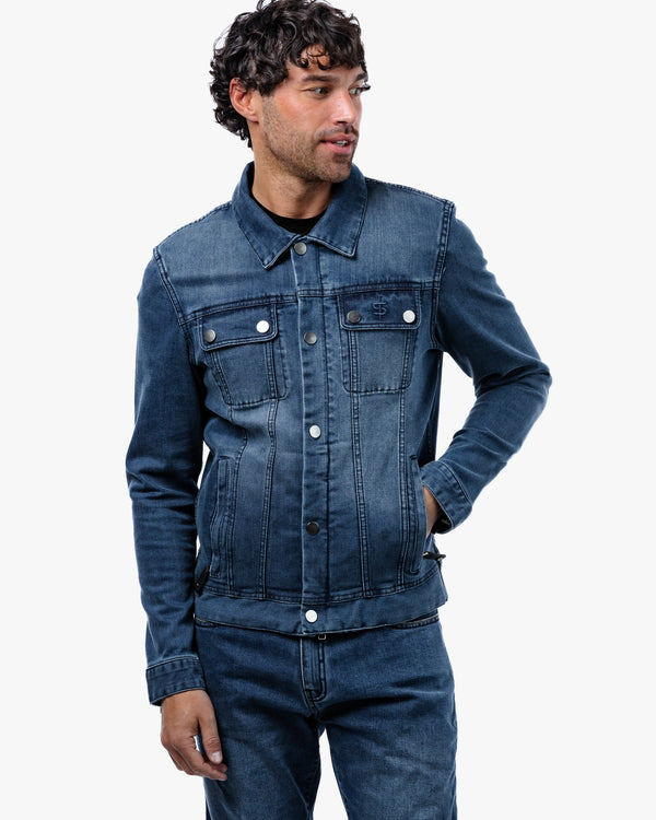 Tura Trucker Mens Washed Blue Motorcycle Denim Jacket