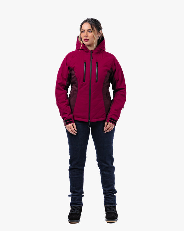 Person wearing a red jacket with black accents on a white background