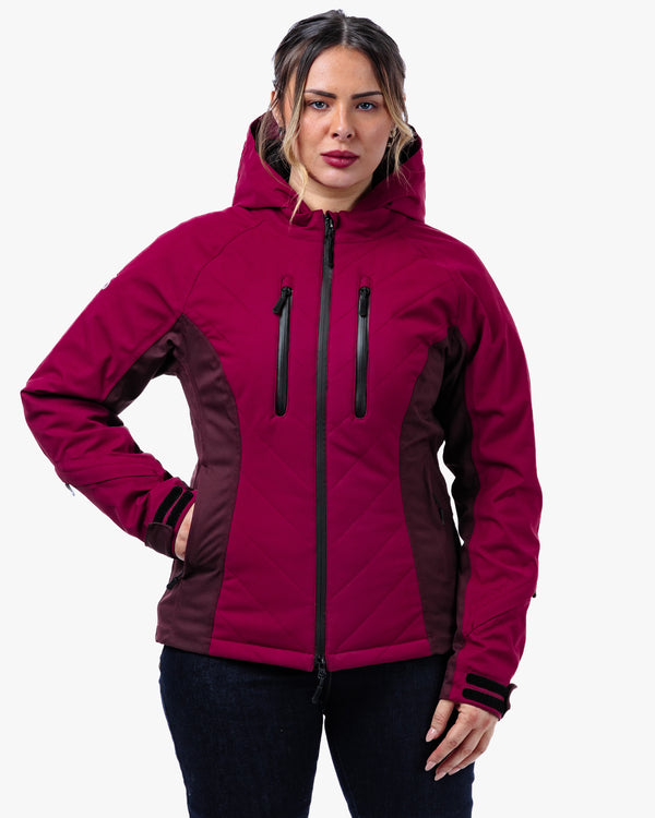 Woman wearing a red and black jacket on a white background