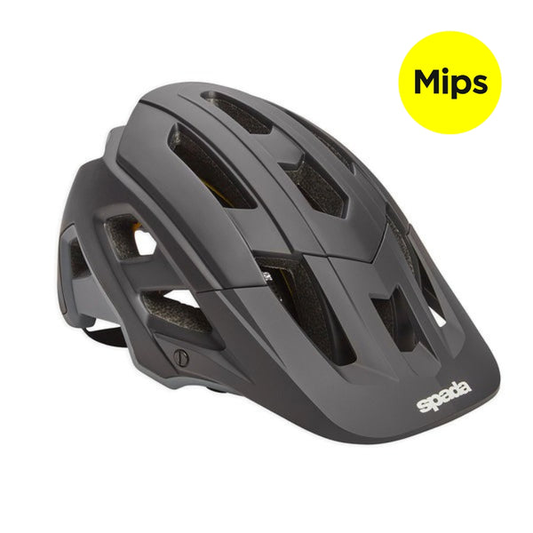 A matt black mountain bike helmet with multiple vent holes and the MIPS logo, designed for adult wear.