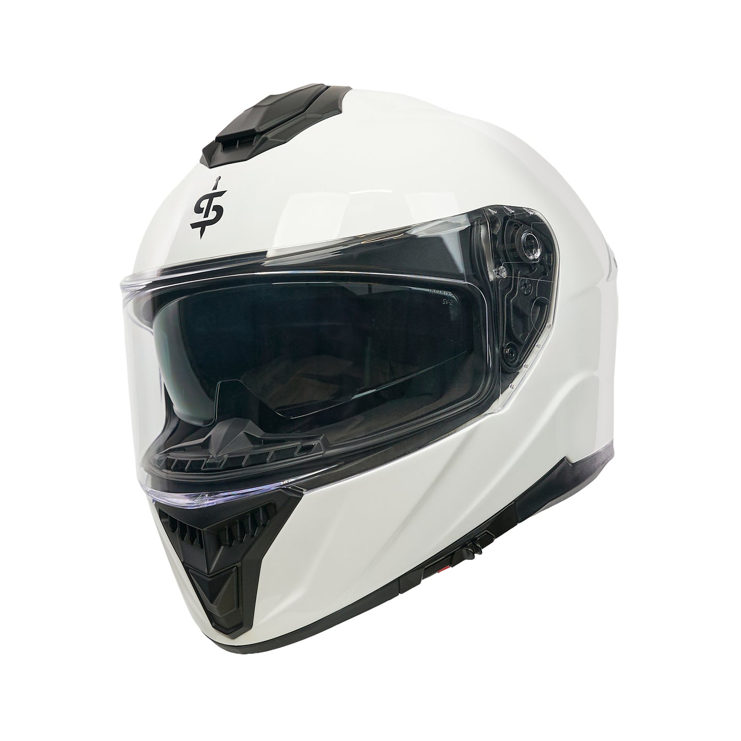 White motorcycle helmet with a clear visor on a white background