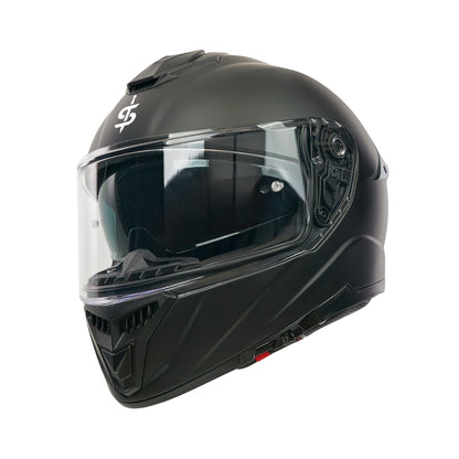 black full face spada motorbike helmet with integrated sun visor