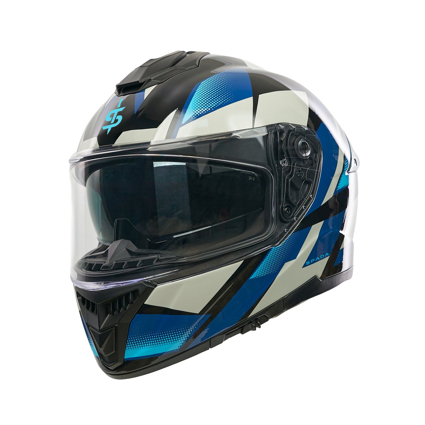 Motorcycle helmet with blue and black design on a white background