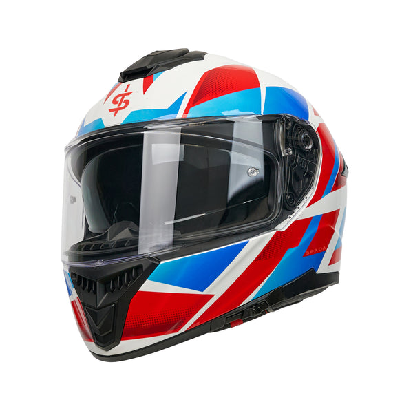 red white and blue full face motorbike helmet with clear visor and integrated sun visor