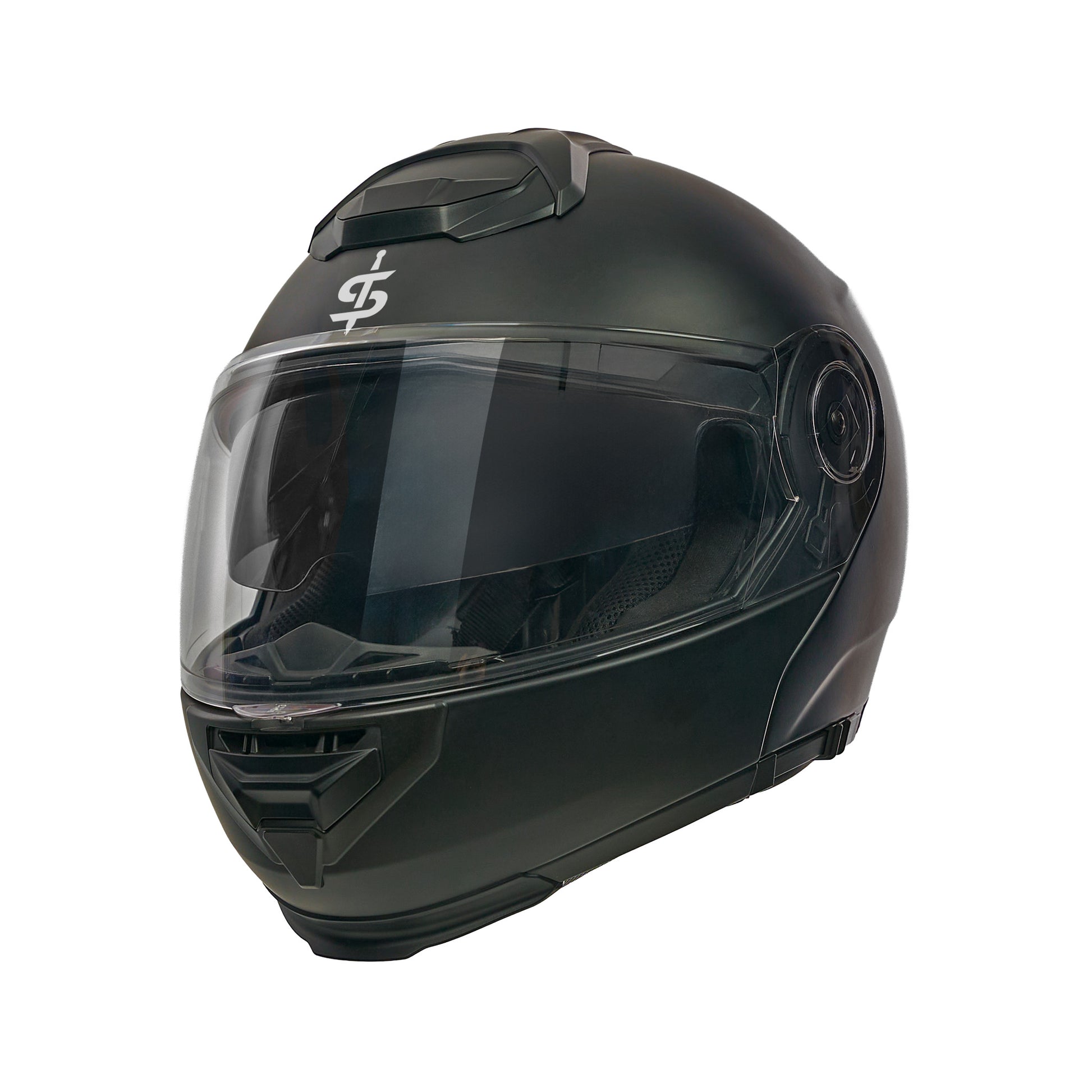 Black motorcycle helmet with clear visor on a white background