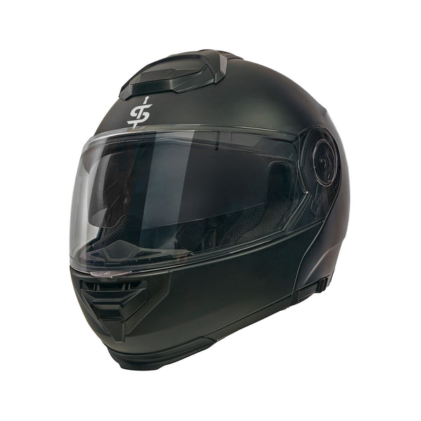 Black motorcycle helmet with clear visor on a white background