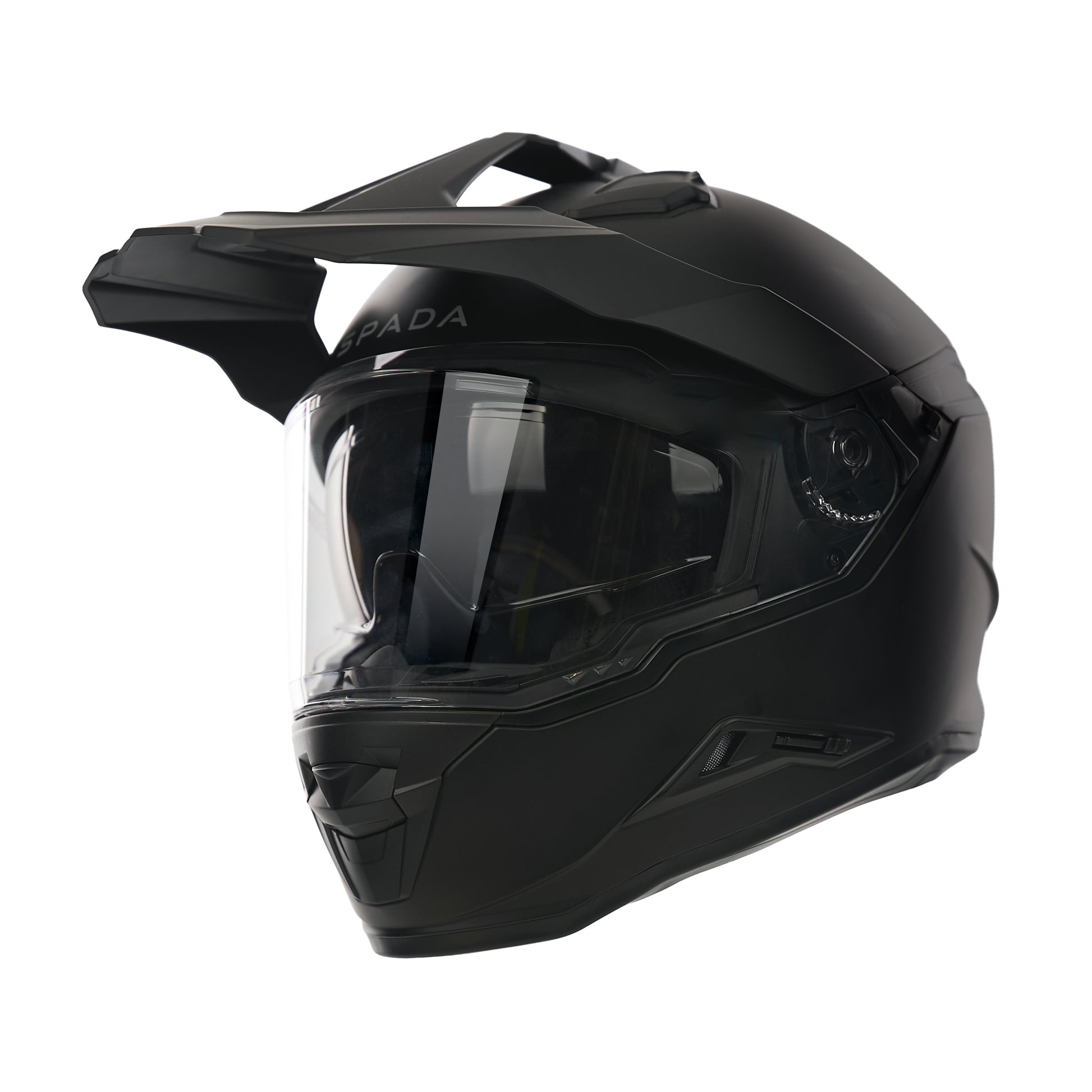 matt black motorbike helmet with clear visor and integrated sun visor