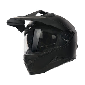 matt black motorbike helmet with clear visor and integrated sun visor