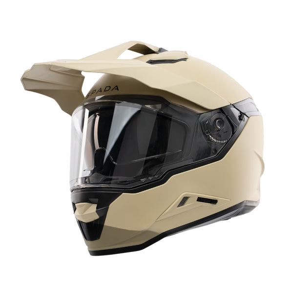 sand motorbike helmet with clear visor and integrated sun visor